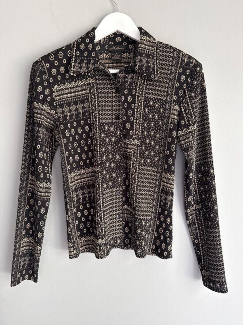 Milano Women Top S Black Beige Ethnic Tribal Print Crinkle Boho Dark Academia